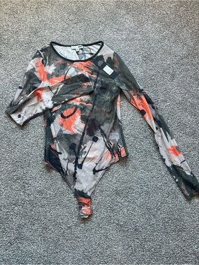 Fashion Nova Sheer Abstract Splash Long-Sleeve Bodysuit in Coral, Olive, Black